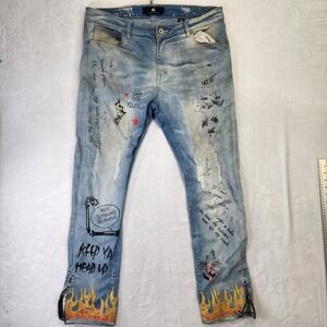 Focus Jeans Mens 38x32 Light Wash Graphic Distressed Flame Ankle Zip Denim Pants
